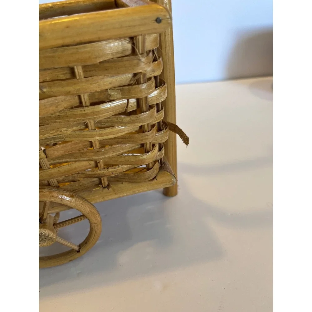 Vintage Wicker Bamboo Mini Push Cart Basket Decorative Planter Rolling Wheels
